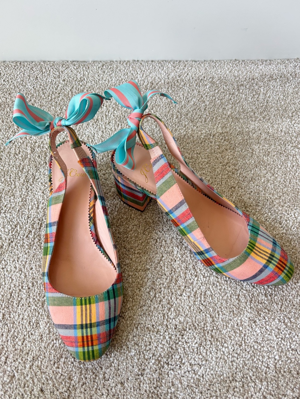 J. Crew Bow-Back Slingback Pumps Pastel Ribbon Plaid Block Heel Preppy Coquette - Picture 3 of 12